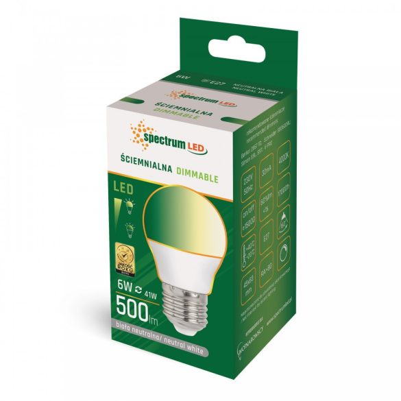 Spectrum Led LED, 6W, E27, kisgömb, természetes fehér, dimmelhető